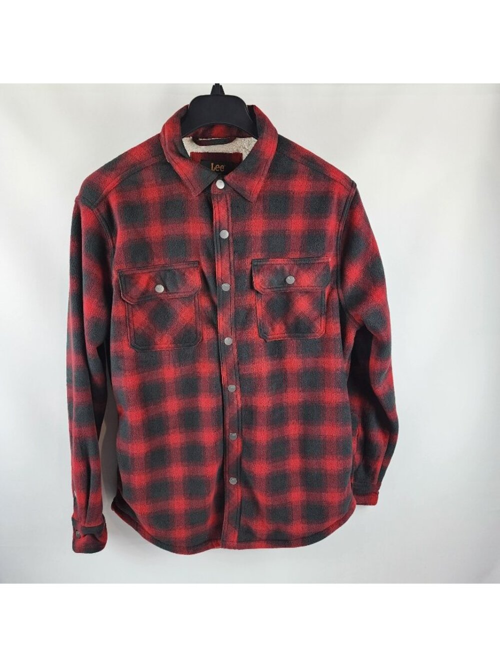 Lee Jacket Mens M Black & Red Plaid Sherpa Button Up Shacket Pockets NWT